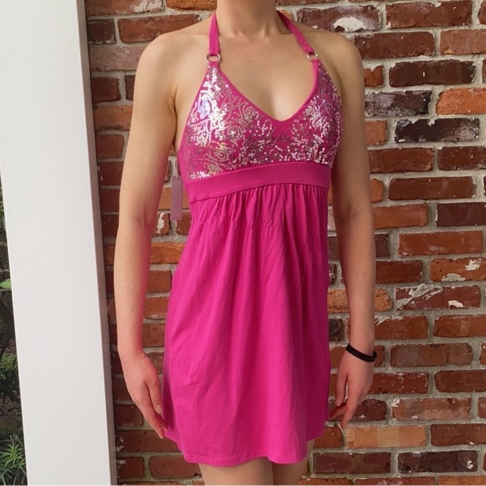 NWOT Victoria’s Secret Hot Pink Sequin Halter Mini Dress Bra Top Y2K Medium - Picture 2 of 10